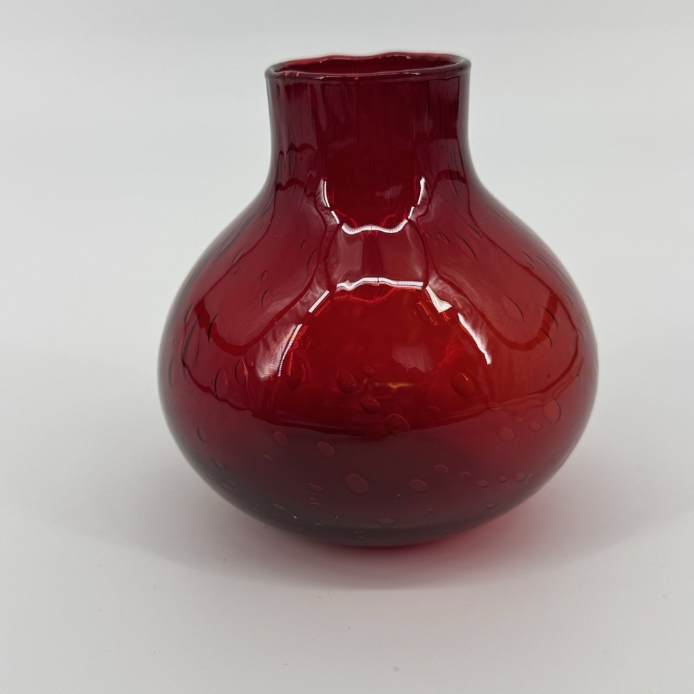 Vintage Ruby Red Blown Art Glass Bubble Vase Bulbous Round Floral Home Decor
